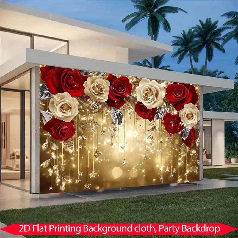 2D Gold Glitter Floral Background, Red White Rose Bokeh for Wedding Birthday Party Decor Banner