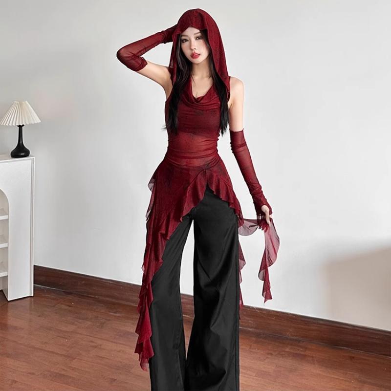 Vintage Gothic Hooded T Shirts Women Through Slim Y2K Tees Streetwear Harajuku with Sleeves Irregular