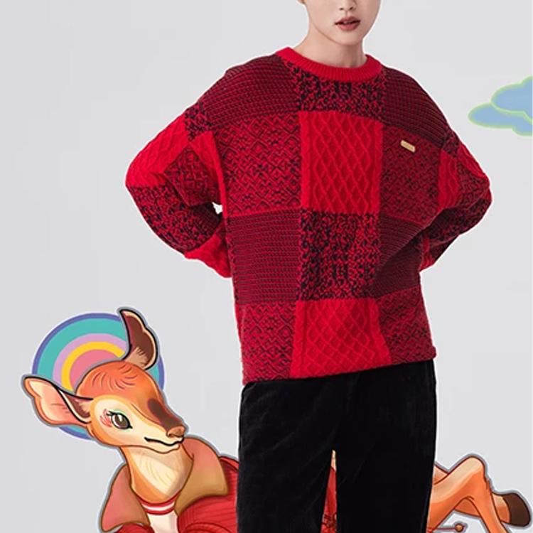 Li Ning Plaid Pattern Knitted Round Neck Long Sleeve Sweater Unisex sweater Red AMBT001-1