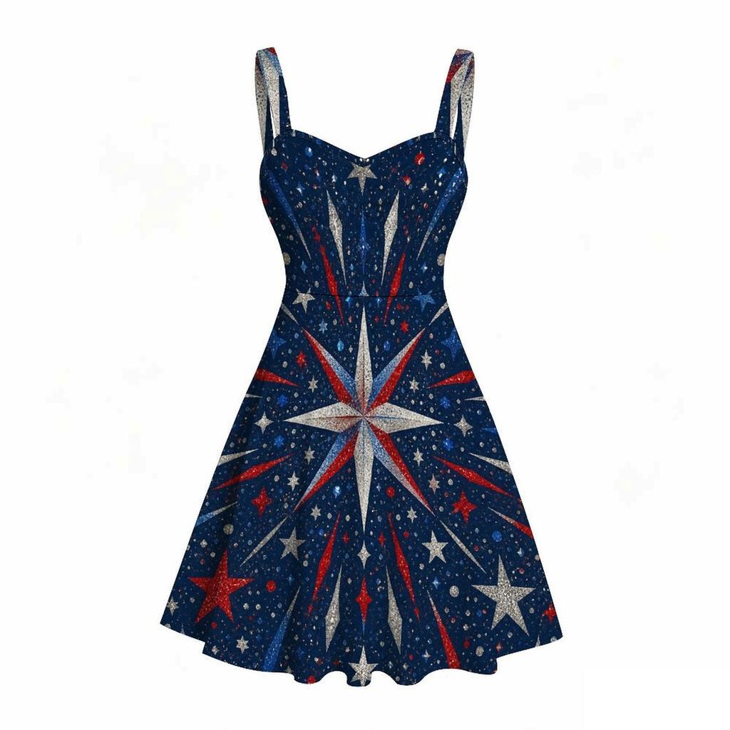 Women Plus Size Off Shoulder Strappy Sleeveless Star Printed Dress Navy Red Gold Flared Hem