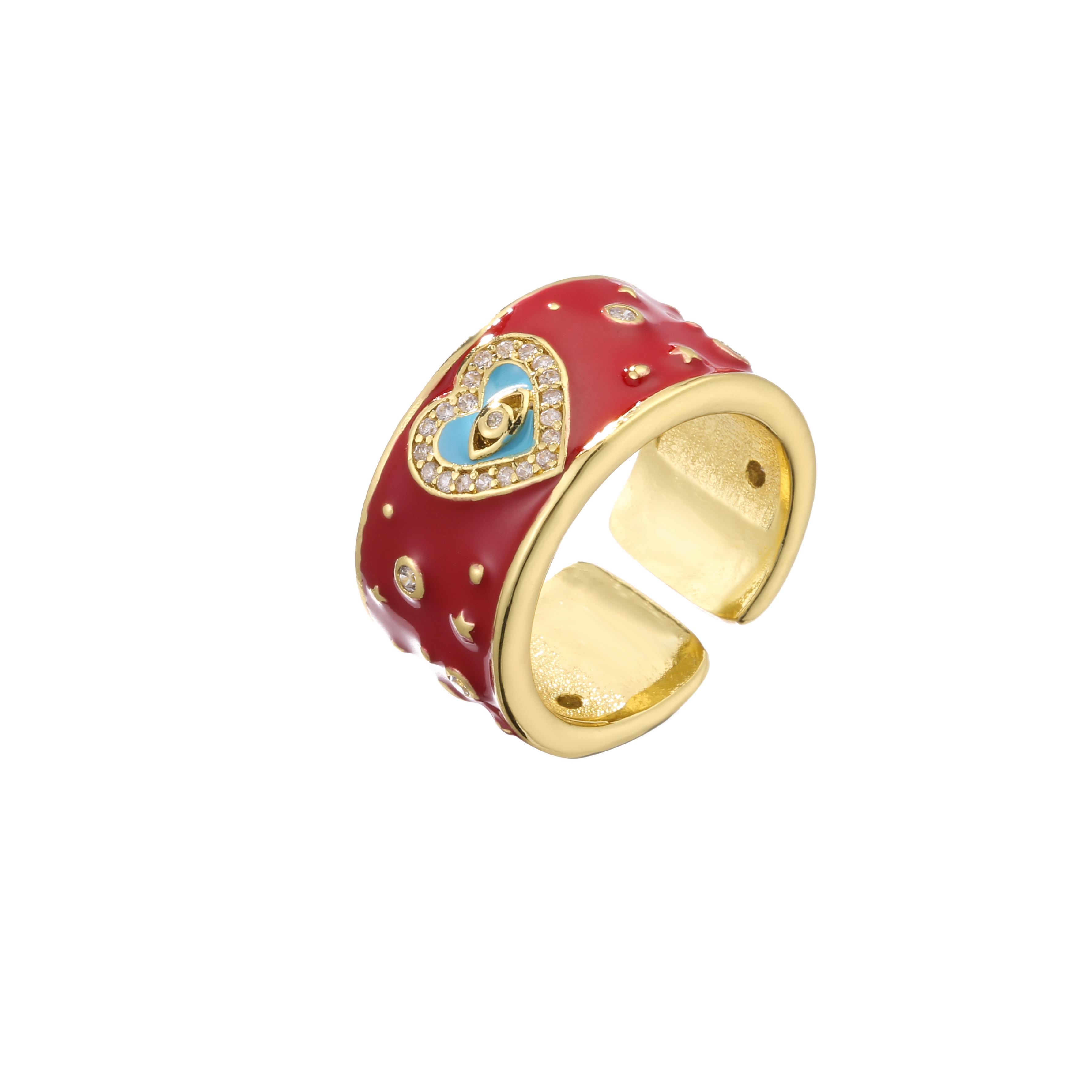

18K Gold Plated Brass Lucky Eyes Heart Ring,Gold Color Dropping Oil Finger Ring,Adjustable Fashion Zircon for Women ,Wholesale resizable красный