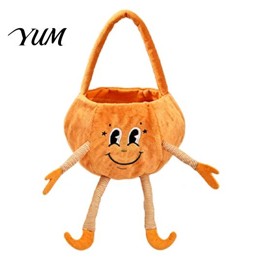 Skin Friendly Holiday Baskets Halloween Pumpkin Candy Basket with Handle, Soft Plush Trick or Treat Bag for Kids, Portable Gift Party Favor