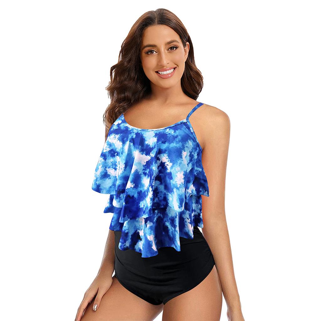 Damen Rüschen Volant Oberteil Hohe Taille Bikini Set Zweiteilig Bauchkontrolle Dezent Bedruckt Sommer Strand Badeanzug Bademode
