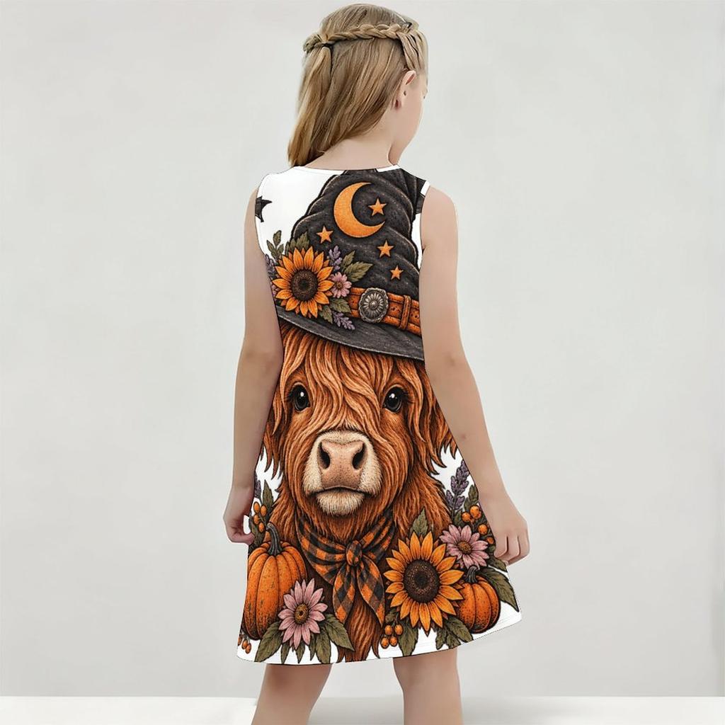Little Girls Round Neck Sleeveless Printed A Line Flared Hem Dress Cute Bear Pumpkin Pattern