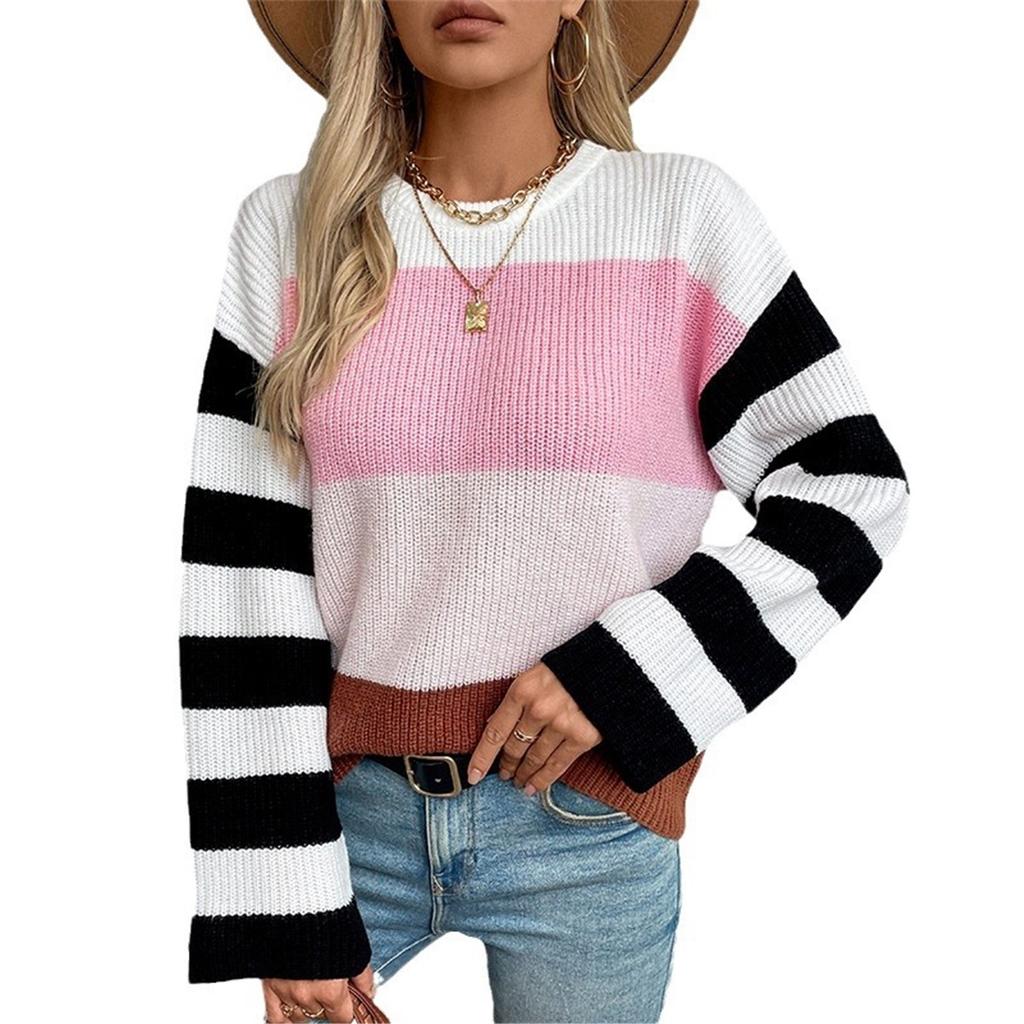 Contrast Color Striped Women's Sweater Autumn And Winter New Style Pullover Round Neck Casual Fashion Sweater