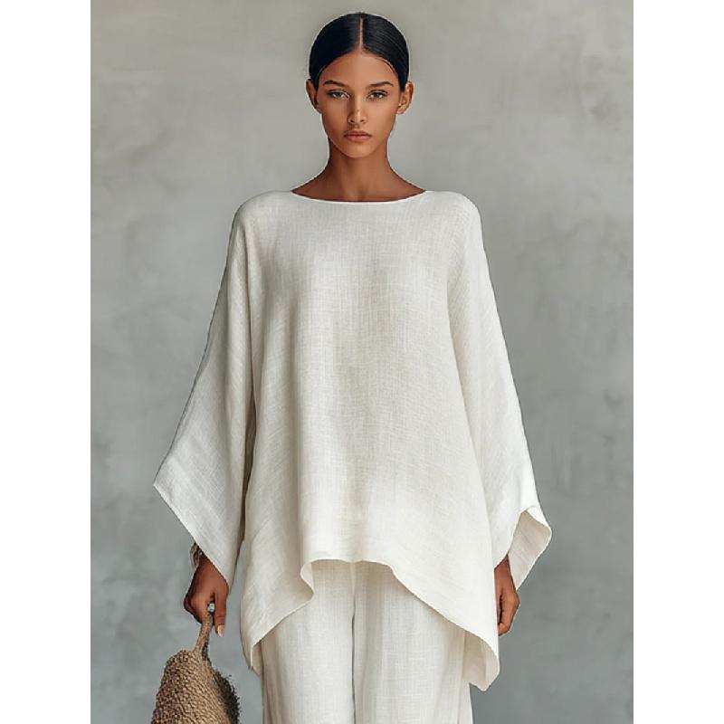 2026 New Women's Simple Loose Linen Blend Shirt and Wide-Leg Pants Set