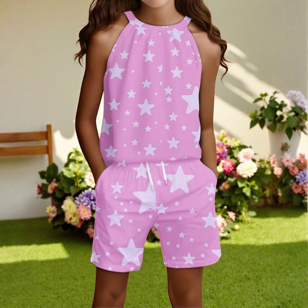 Children's Casual Fashion Round Neck Sleeveless  Top Shorts Set