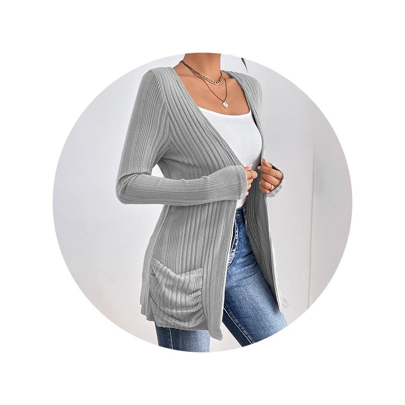 European and American Solid Long-Sleeve Mid-Length Knitted Cardigan with Pockets - Autumn/Winter Sweater