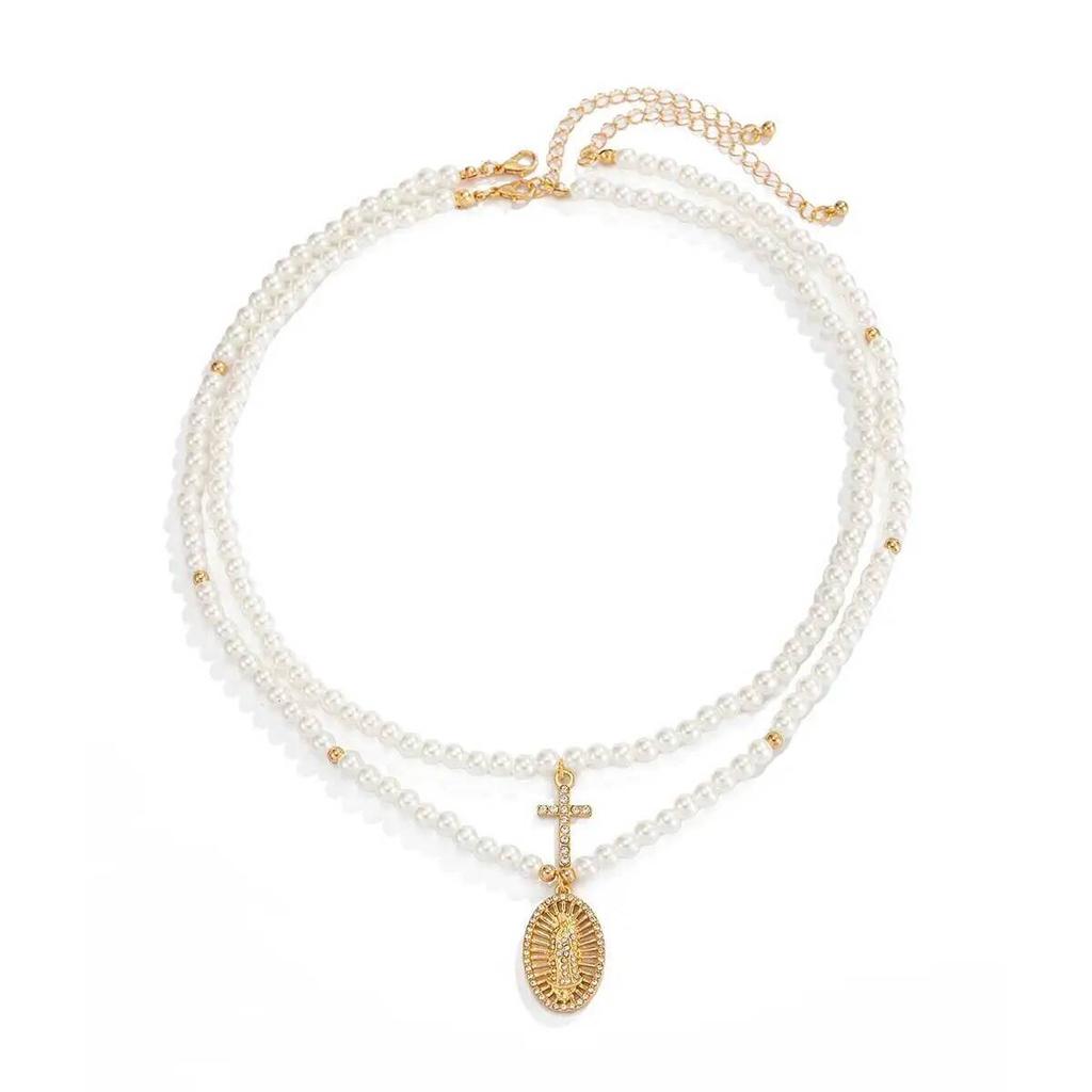 SHIXIN 2 Pcs/Set Hip Hop Jesus Cross Pendants Necklace Men Trendy Charm Imitation Pearls Chain Adjustable Chokers Street Jewelry