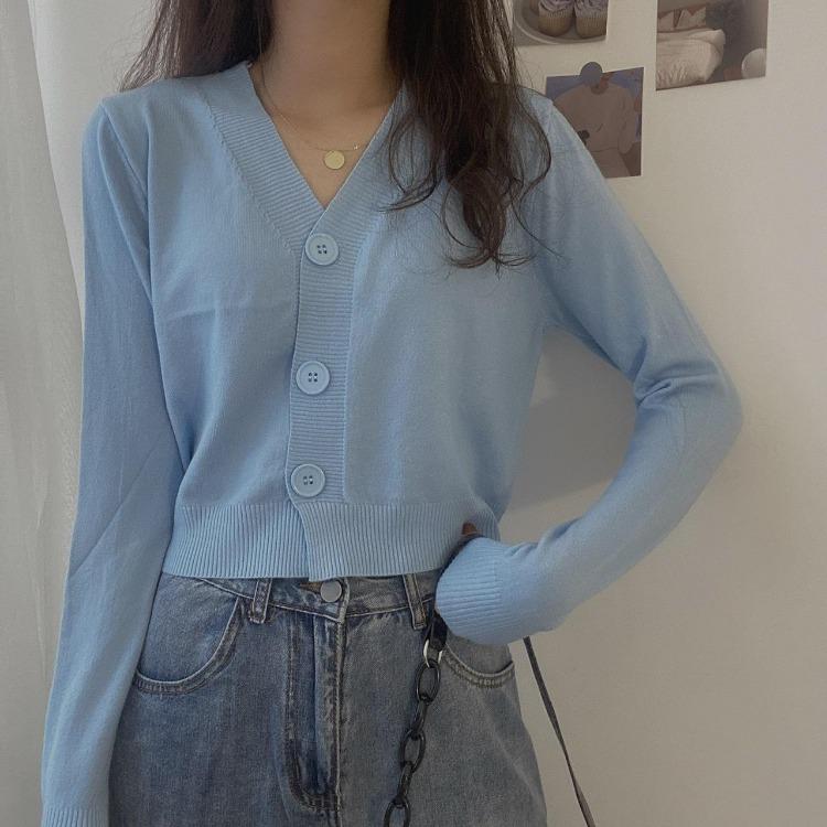 Women's Solid Color V-Neck Knitted Cardigan Long Sleeve Pullover Sweater Single Breasted Button Spring Fall Outerwear Tops Small Fresh One Size