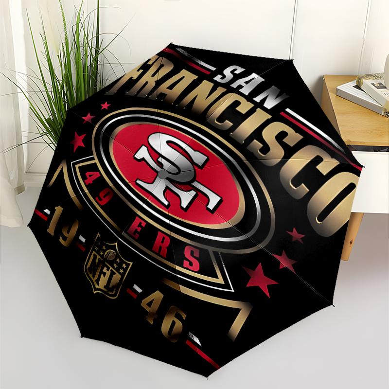 San Francisco 49ers LOGO Print Automatic Umbrella, 8 Rib Iron Frame, Plastic Handle, Suitable for Outdoor Travel &Daily , Ideal Gift
