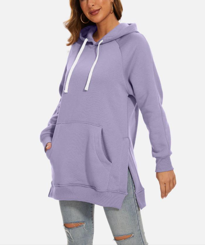 2024 Women's Solid Color Hooded Split Shoulder Sleeve Fleece Sweatshirt for Autumn and Winter