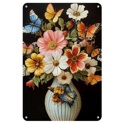 Vintage Florale Schmetterling Metall Wandkunst - Rustikale Zinnmalerei mit rahmenlosem Aluminiumdesign, Handgefertigte Heimdekoration für Wohnzimmer