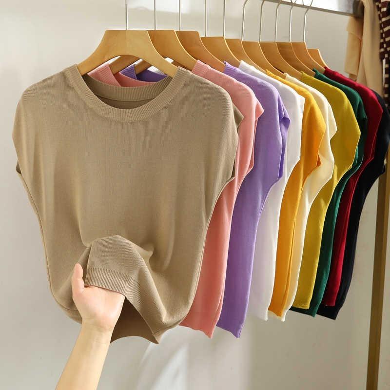 Summer Round Neck Knitted Casual Women's T-shirt Elegant Loose Ice Silk Thin Fit Solid Color Short Sleeve Tee Tops Ladies Simple Fashion T Shirt 3097