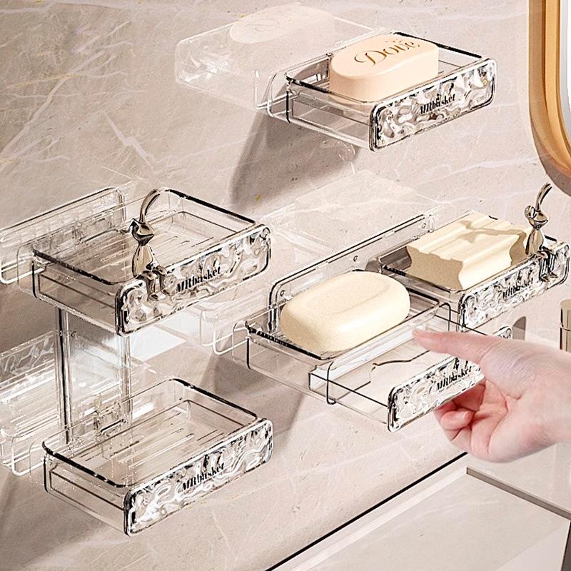 Glacier Wall-Mounted Double-Layer Draining Soap Dish - Punch-Free High-End Holder for Laundry and Bathroom