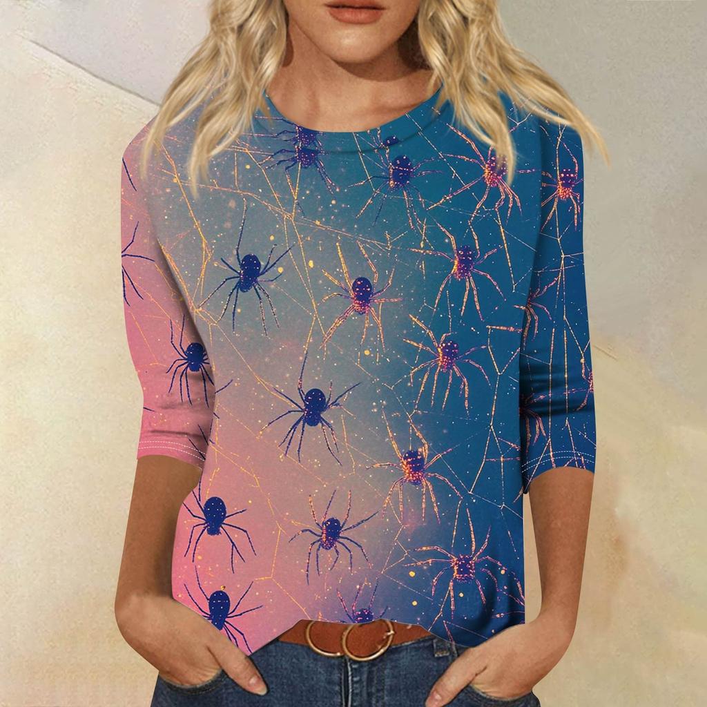 Women's Fashion Casual Round Neck 3/4 Sleeve Loose Printed T-Shirt Ladies Top