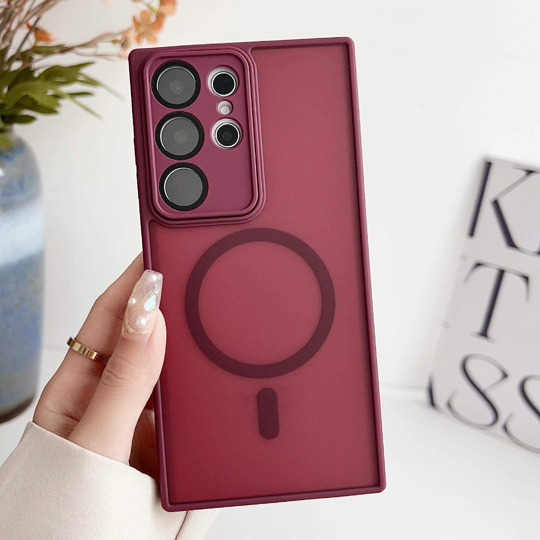 

For Samsung Galaxy S24 Ultra Magnetic Case with Lens Film Skin Touch TPU+PC Phone Back Cover Wine Red