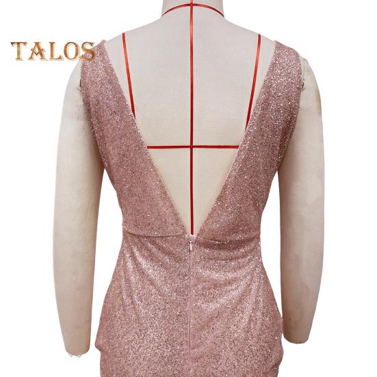 Vestido de noche para mujer, escote en V profundo, dobladillo dividido, lentejuelas, dobladillo ajustado de cola de pez, cierre de cremallera en la espalda, sin mangas, vestido de fiesta de cóctel, largo hasta el suelo, vestido de baile