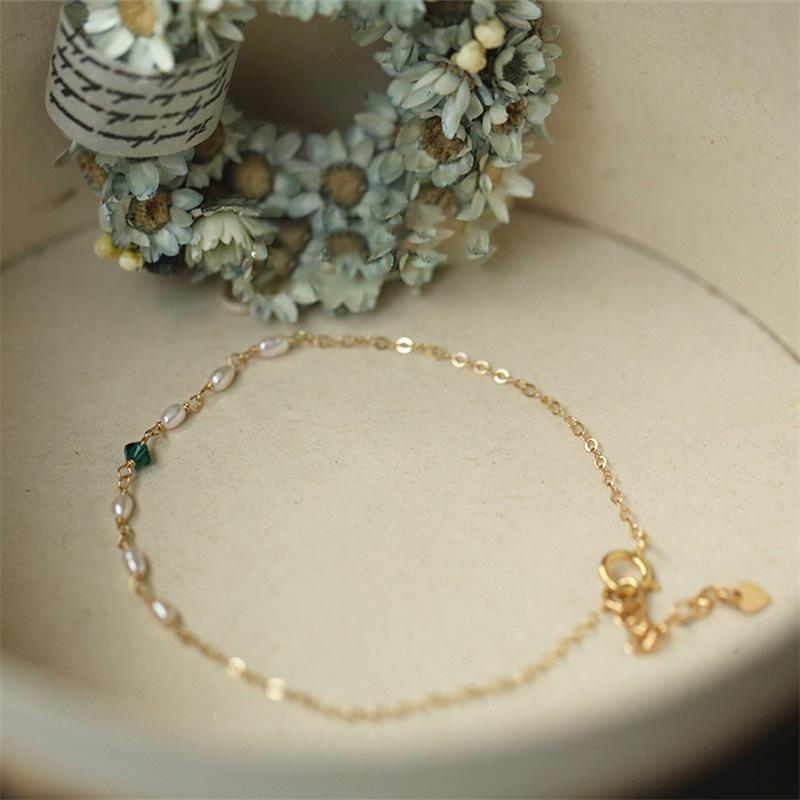 

Gold Plated Sterling Silver Bracelet with Green Zircon and Pearls - Versatile Ins Style Jewelry 925 Silver