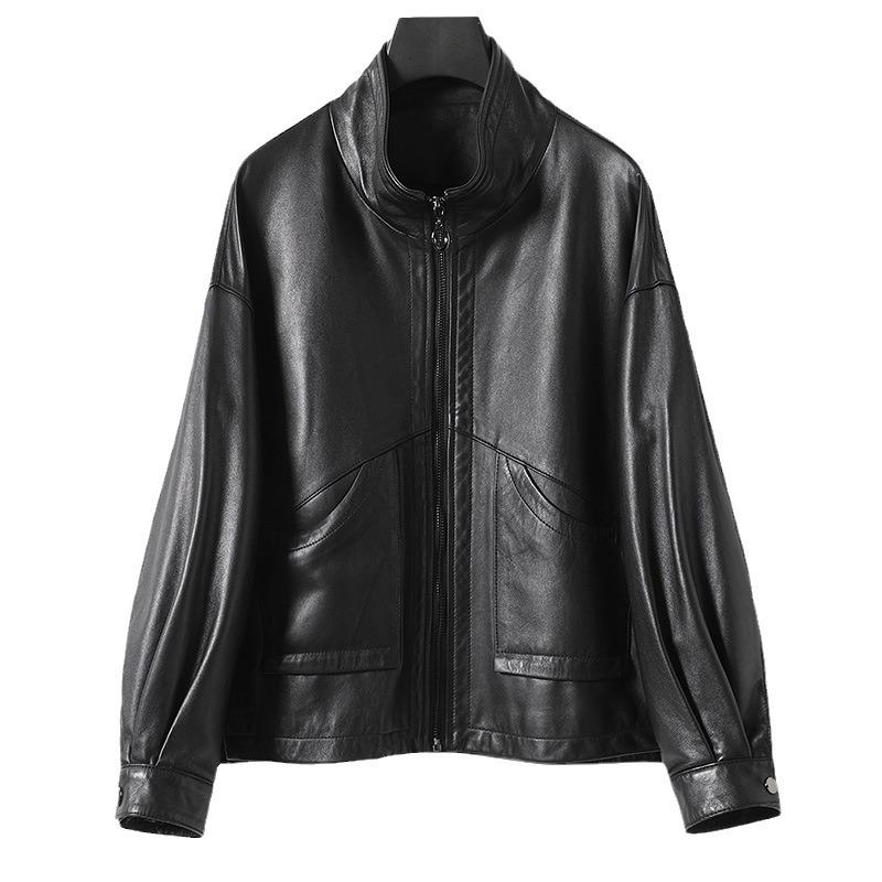 

Куртка из овчины, кожаная куртка для мотоцикла, женская куртка из натуральной кожи, свободный воротник-стойка, повседневный короткий стиль XL