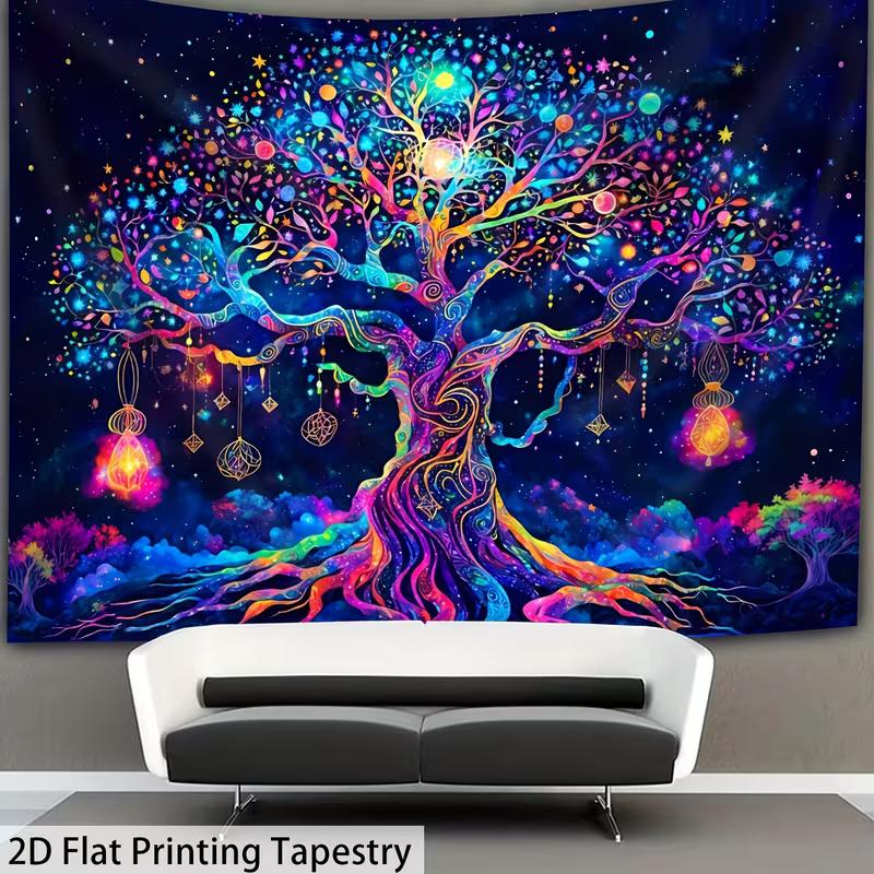 2D UV Reactive Tree of Life Tapestry Blacklight Glowing Psychedelic Wall Decor