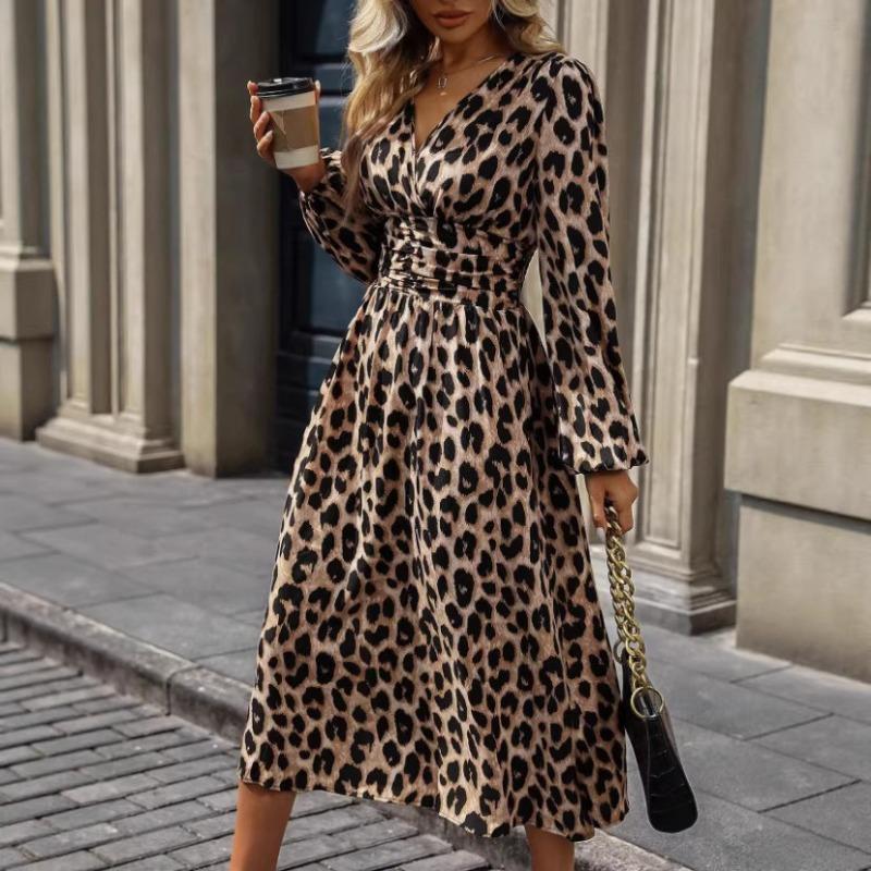 New leopard print long-sleeved dress temperament commuting high waist collar women's long dress