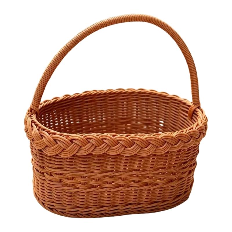 Faux Wicker Basket with Handle, Plastic Fruit Display Basket for Countertop Display, Home Storage, and Carry Use