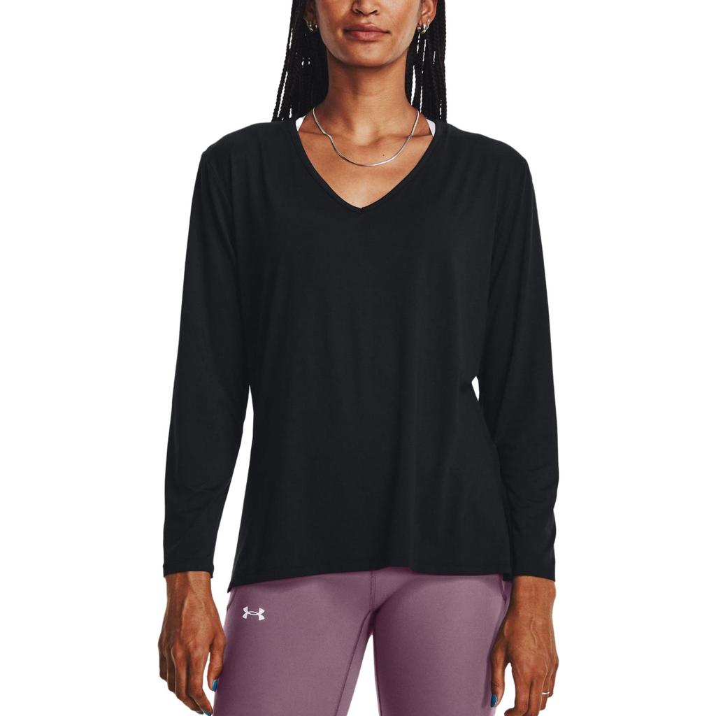 Under Armour Solid Loose V-Neck Long Sleeve T-Shirt Women Tops Black 1379158-001