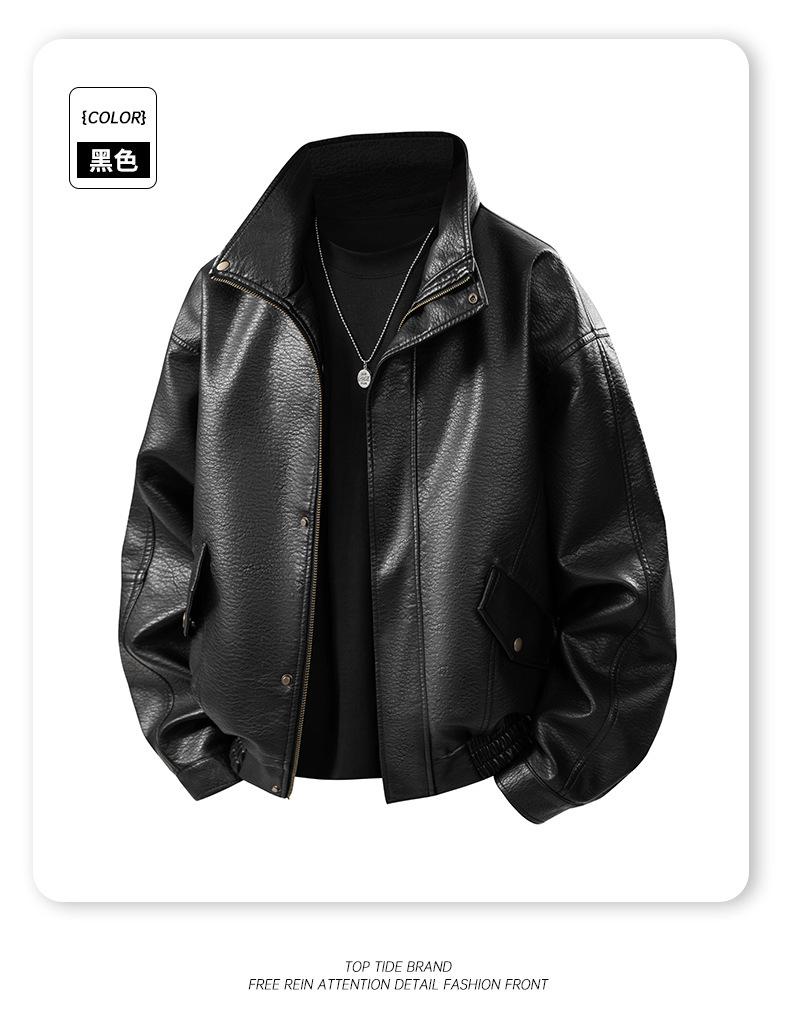 Mens Pu Leather Jacket Stand Collar Loose Retro Motorcycle Casual Outerwear