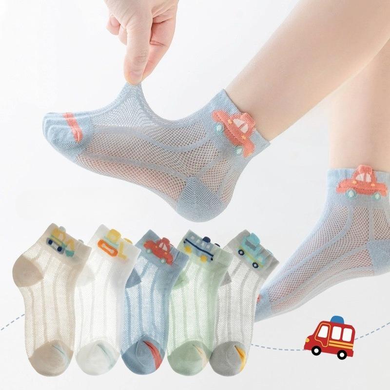 5 Pairs Kids Cotton Mesh Socks Summer Breathable Cartoon Sports Ankle Socks For Boys Girls Students Thin