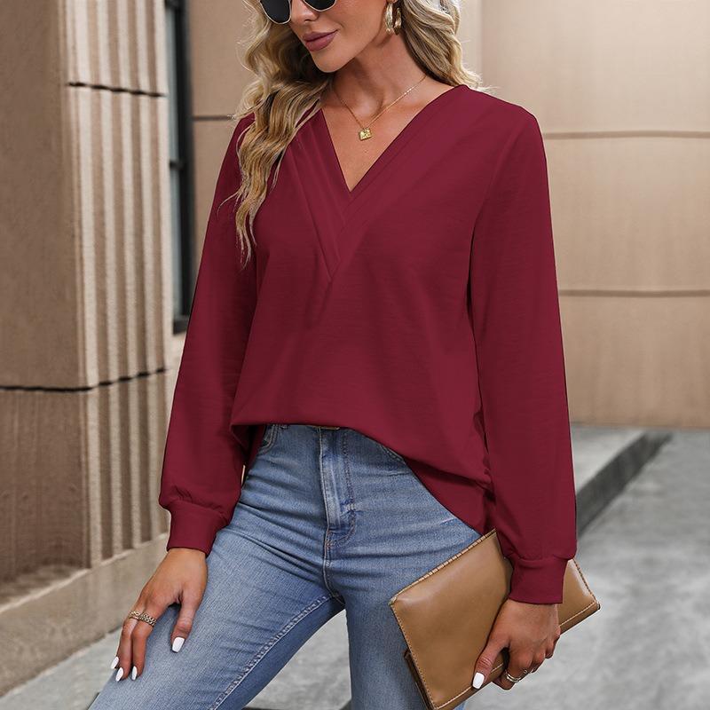 Spring and Autumn V-neck Loose White Shirt for Women Fashion Long Sleeve Solid Casual Blouse Women Elegant Simple Ladies Pullover Shirts Tops 24766