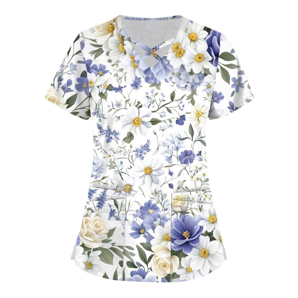 Women's Short Sleeve Stagger V Neck Print Pocket Dry-nurse Top