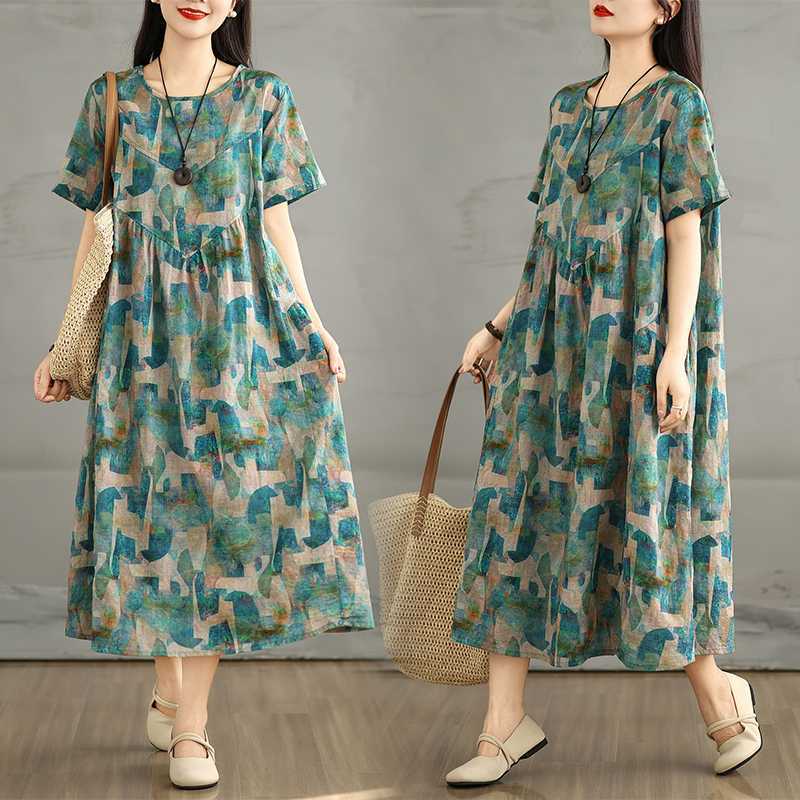 Summer Retro Cotton and Linen Round Neck Short Sleeved Dress, Women's Loose Skirt