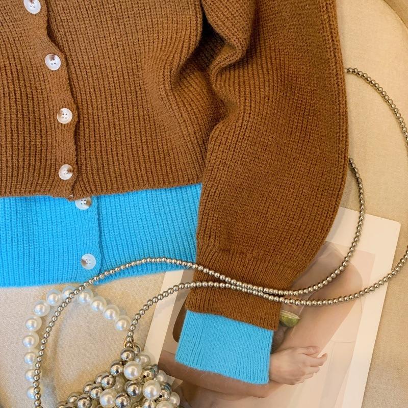 Real shot~ Fake two-piece contrasting color knitted cardigan top, versatile v-neck in autumn and winter, high-end sense, sweater and coat for women