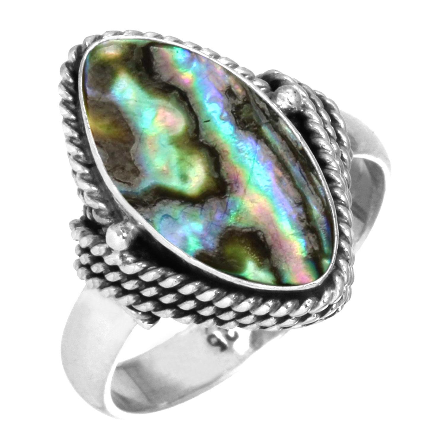 

Кольцо из стерлингового серебра 925 пробы с драгоценными камнями, ювелирные изделия ручной работы, подарок на помолвку, аквамариновый халцедон, ракушка-ушка, синий солнечный камень, лабрадорит, пренит 7.5