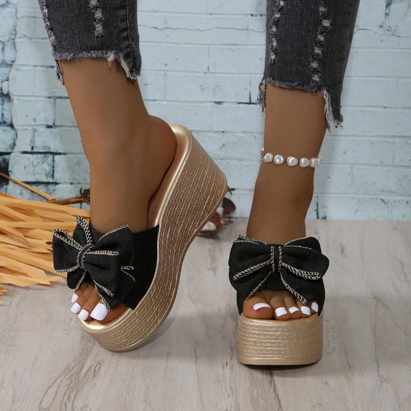 Modische hochhackige Hausschuhe, Sommer wasserdichte Plateauschuhe, Schleife, bequeme und elegante Damenschuhe Übergröße Keilabsätze