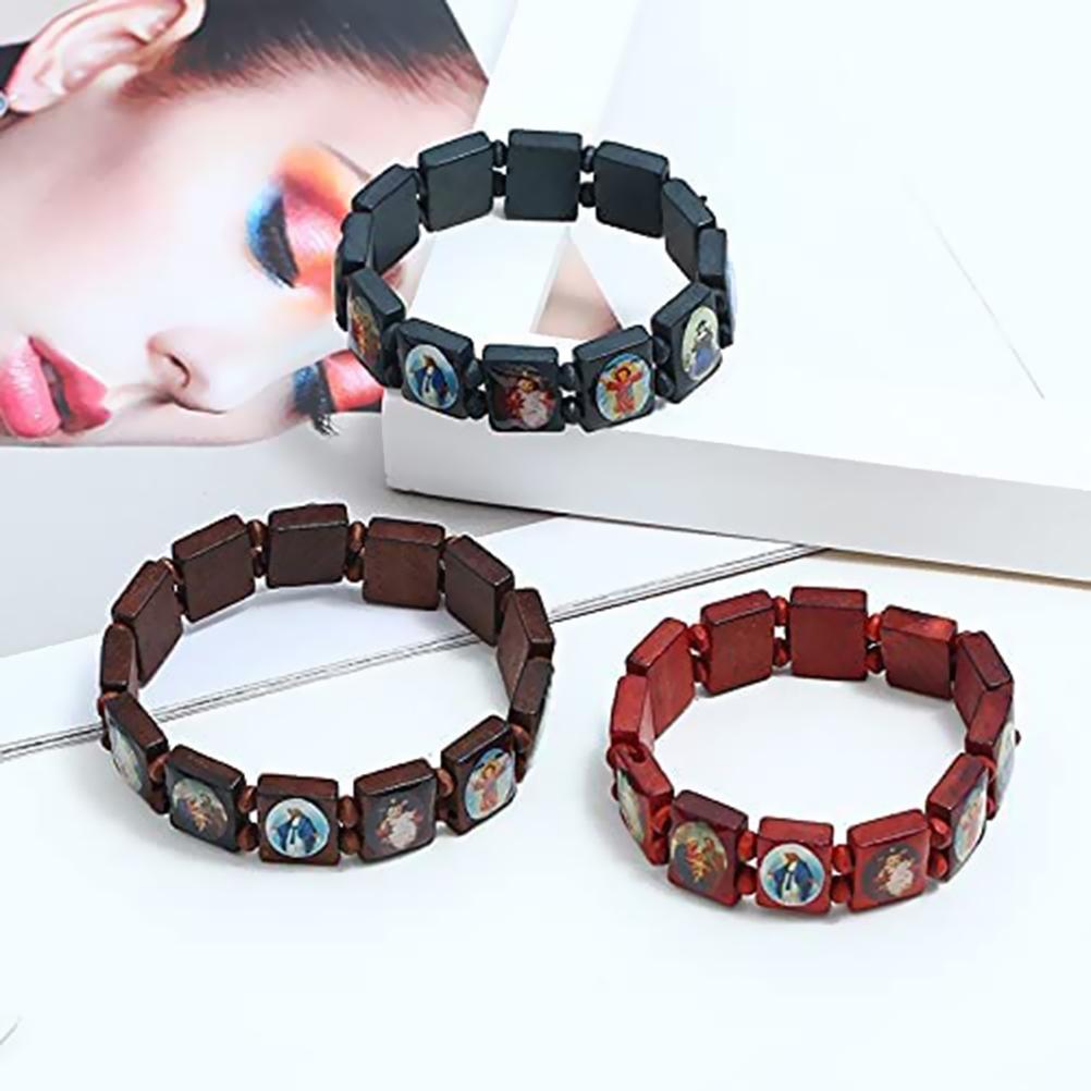 4 ks Dřevěný růženec Náramek s Ježíšem Elastický náramek s obrázky náboženských svatých Katolický Svatí Bohové Bohyně