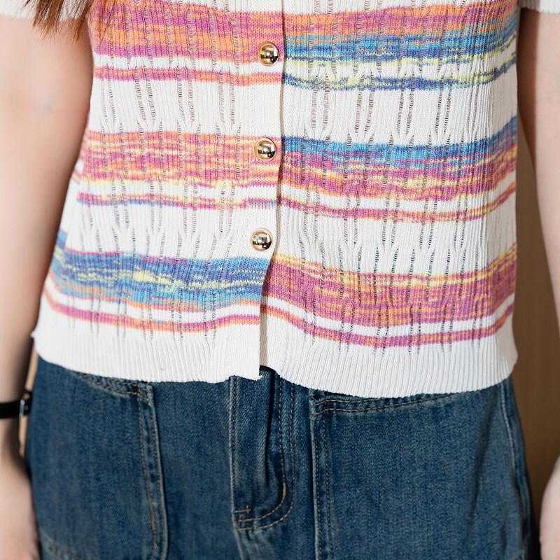 Women's Lightweight Striped Knit Short-Sleeve Cardigan Tee