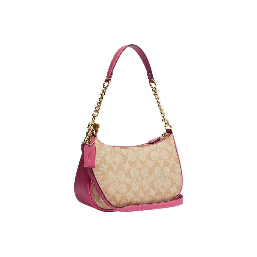 Coach Teri 25 Letter Logo Classic Monogram Zip Closure Canvas And Leather Shoulder Bag Saddle Bag Women shoulder bag Brown Pink CA548-IMVGK