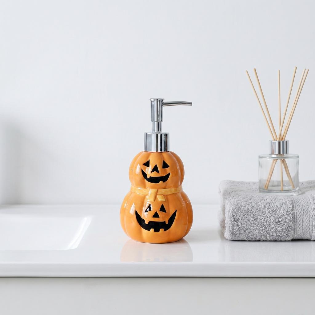 Ceramic Halloween Pumpkin Ghost Shape Soap Dispenser Pump Bottle for Bathroom Kitchen Countertop Use Durable and Easy To Refill