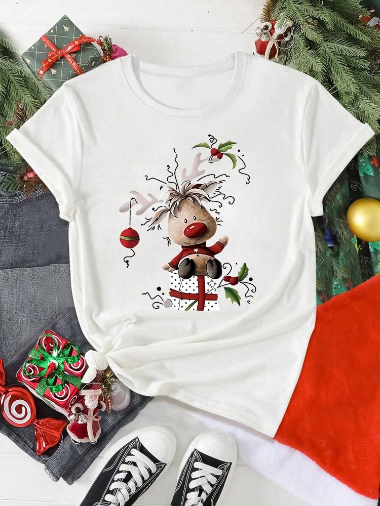 Women's Christmas Reindeer Print T Shirt Casual O-neck Short Sleeve T-Shirt Cute T-shirt Black Suitable All Seasons Tshirt Tops