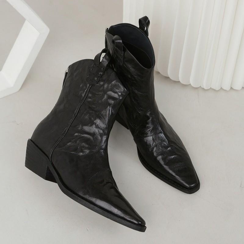 Pointed Short Boots Women's Leather Thick Heel Middle Heel Ankle Boots Retro V-mouth Boots Versatile Niche Thin Western Cowboy Boots