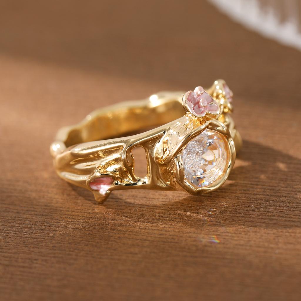 Elegant Flower-shaped Branch-shaped Artificial Gemstone Ring Made of Copper, a Ladies' Jewelry Ring Suitable for Formal Events.