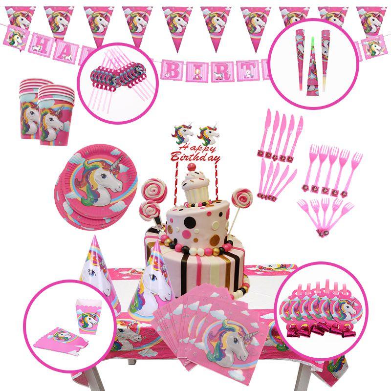 Birthday Kids Unicorn Party Supplies Tableware Plates Cup Fork Tablecloth Banner