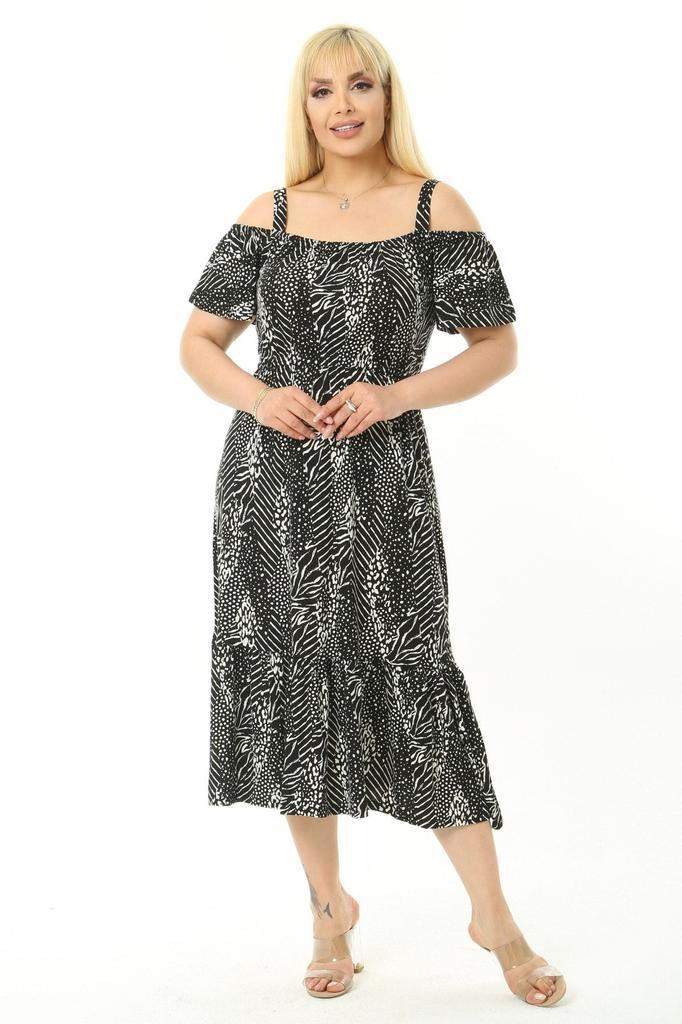 Women's Big Size Dress Madonna Collar Strap Symmetrical Striped Pattern Dress