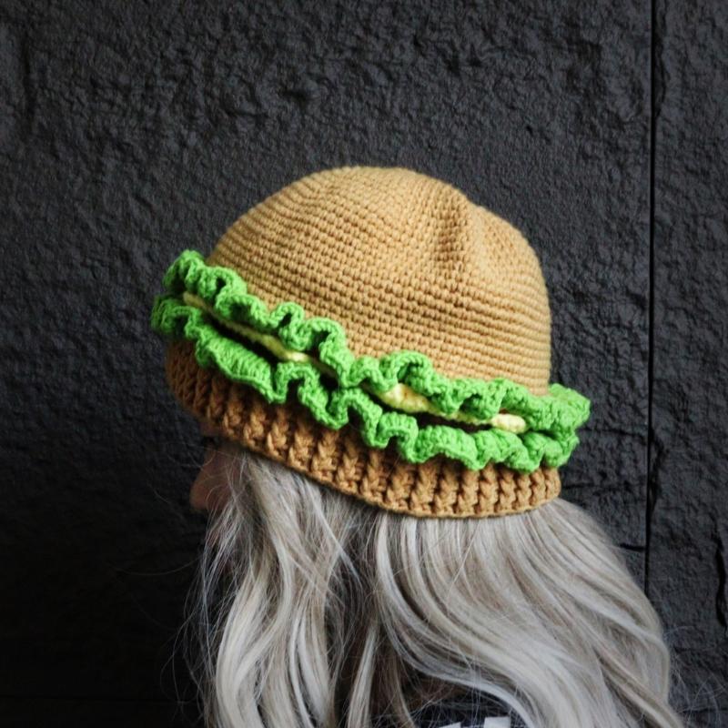 Funny Hamburger Beanies Hat for Adult Unisex Skull Hat Crochet Burger Shape Hat Headwear Halloween Costume Accessories