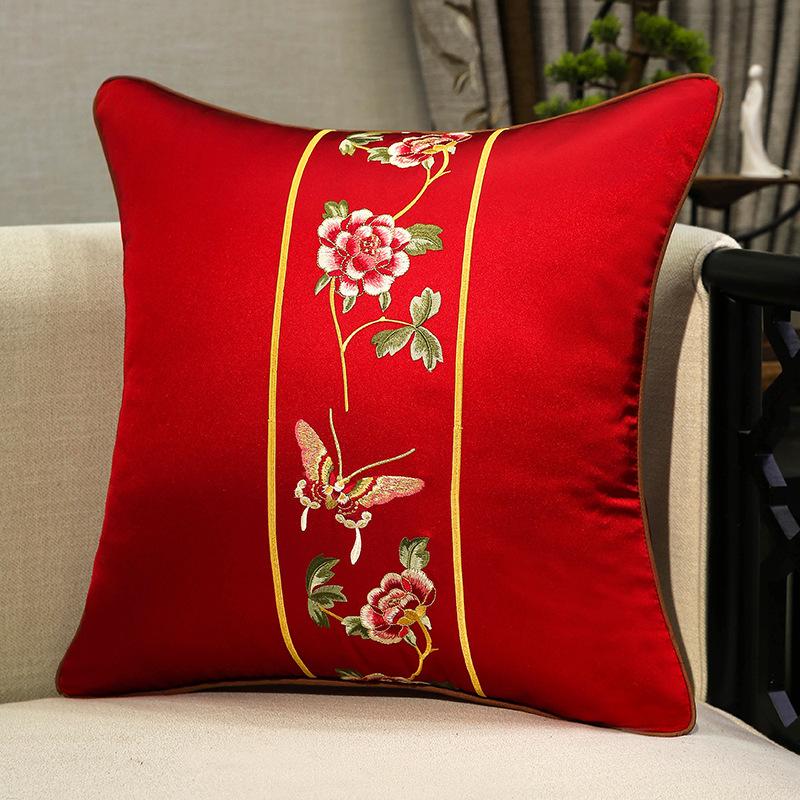 Chinese-style Embroidery Throw Pillow Redwood Sofa Cushion Cover Headboard Flowers Solid Wood Chair Lumbar Support Cushion Cover