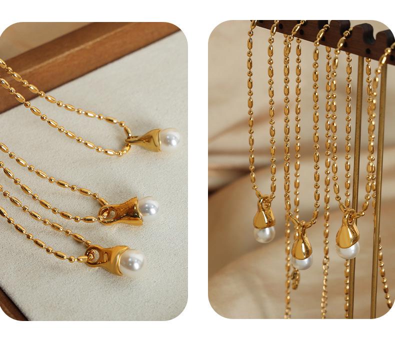 French Luxe Miyuki Bead Necklace: Titanium Steel 18k Gold Shell Pearl Pendant
