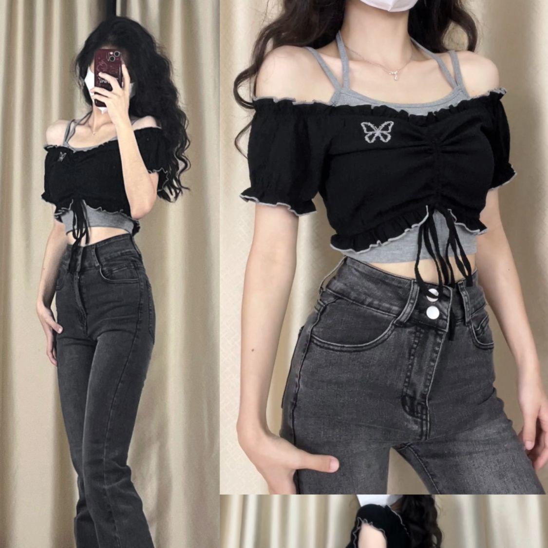 

Летний комплект, женский короткий топ на одно плечо, топ на бретельках с подвесным вырезом для девочек, комплект из двух предметов L