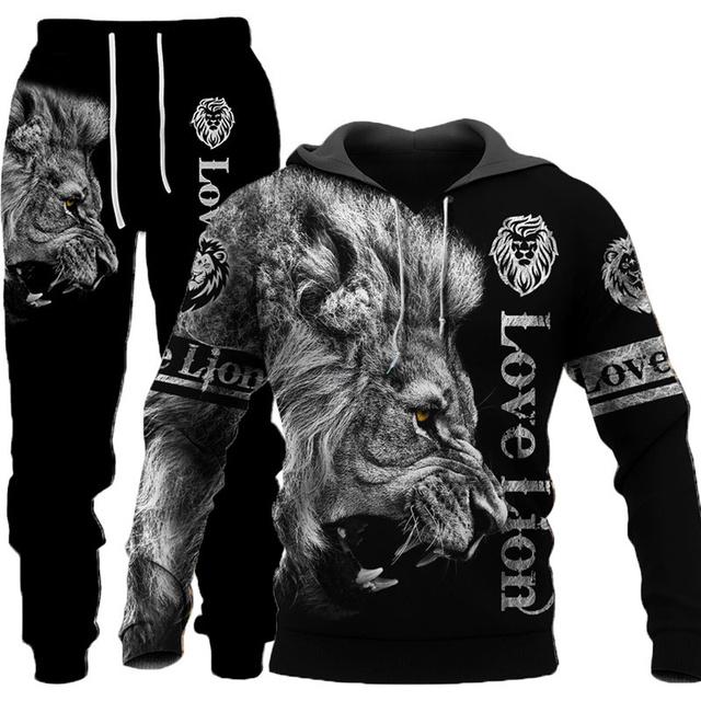 Animal 3D Print Men Hoodie Set Lion All Over Tracksuits Men Fashion Cool Hoodie Pants 2 Pcs Suit Personality Women Sweatershirt